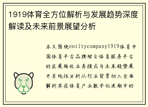 1919体育全方位解析与发展趋势深度解读及未来前景展望分析 1919体育全方位解析与发展趋势深度解读及未来前景展望分析